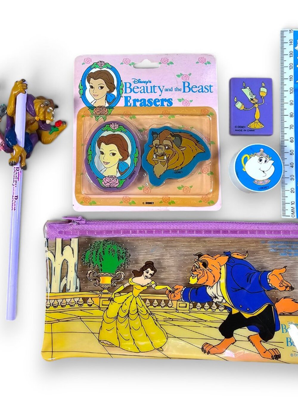 Disney Beauty and the Beast School Supplies Lot Pencils Pouch Erasers Ruler VTG